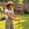Rustic metal coneflower garden stakes set of 3 with rusted iron daisy design, weather-resistant lawn pathway decor, 30x4.7 inches.