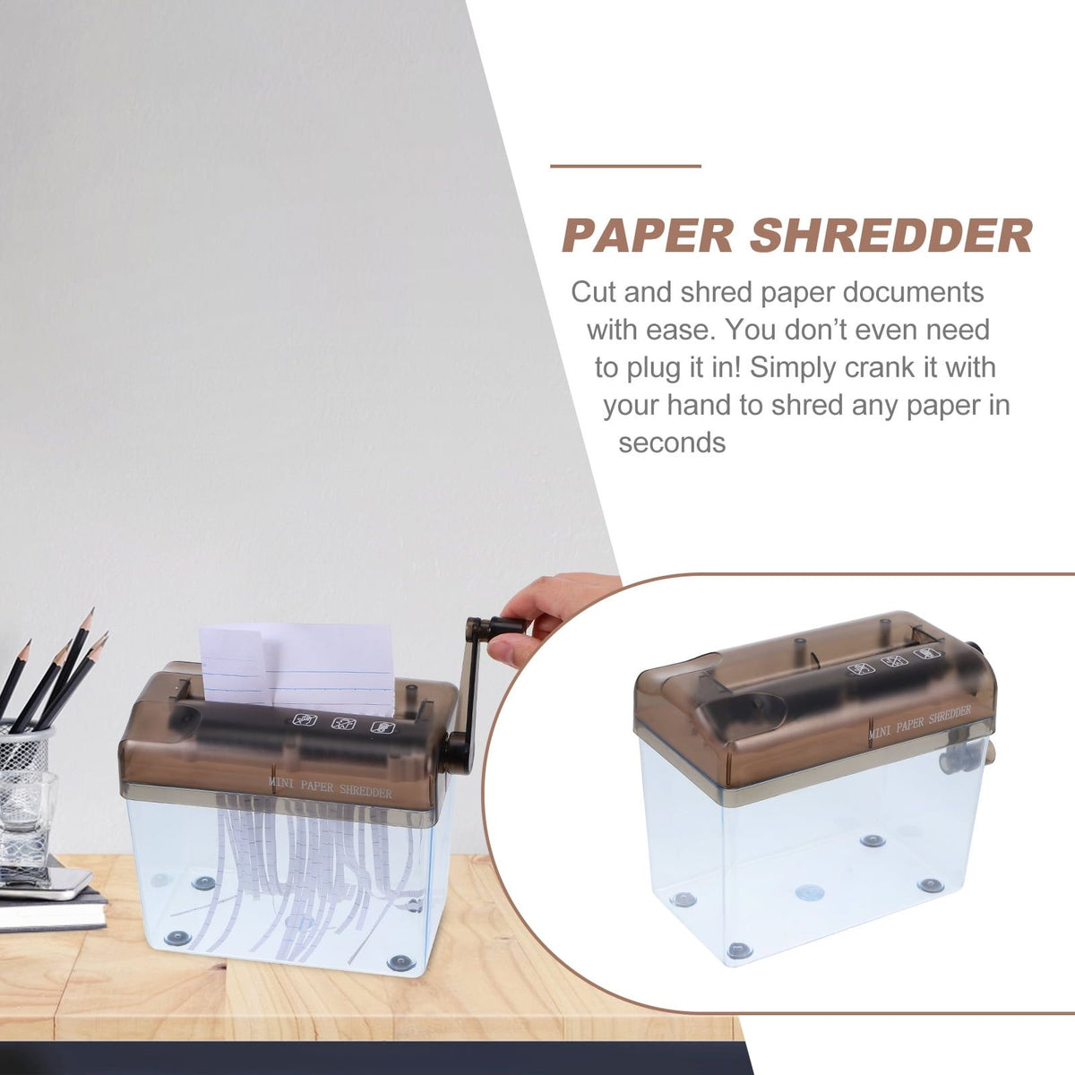 Black hand-operated paper shredder by Everything Baby, compact for home office or school use, made of durable ABS plastic.