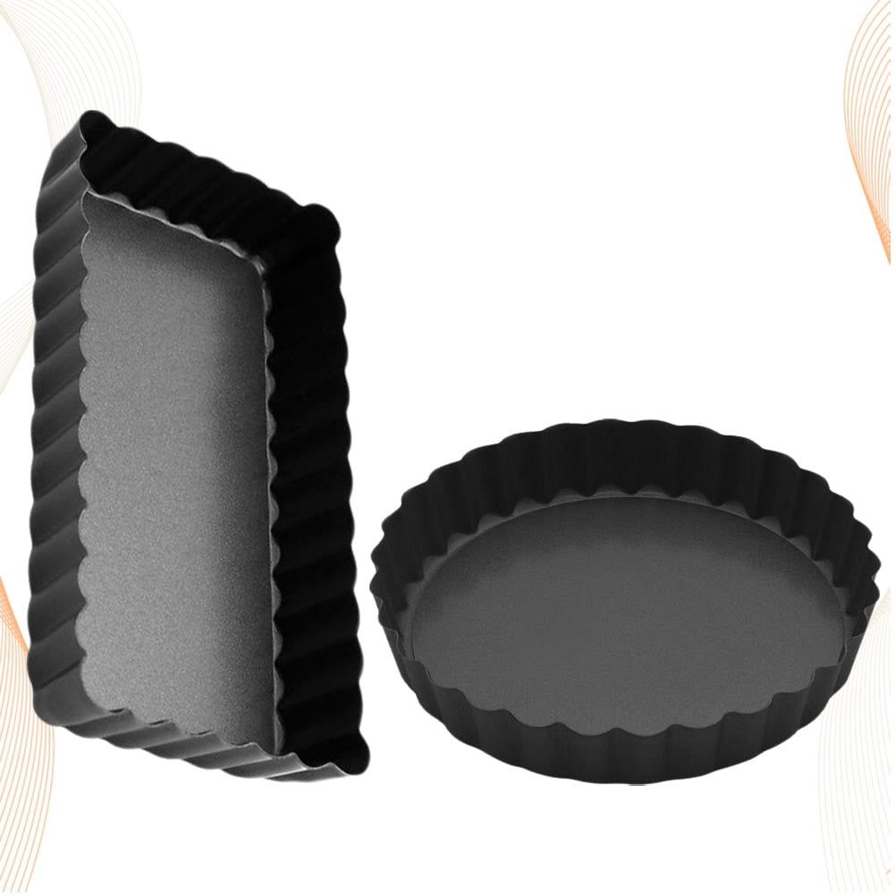 Two black carbon steel baking pans with non-stick coating, ideal for pretend play baking activities for kids.
