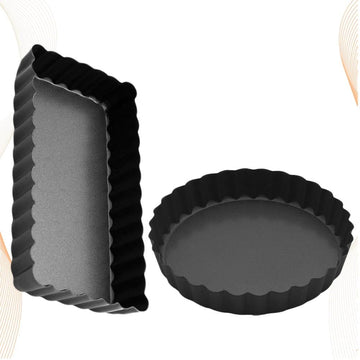 Two black carbon steel baking pans with non-stick coating, ideal for pretend play baking activities for kids.