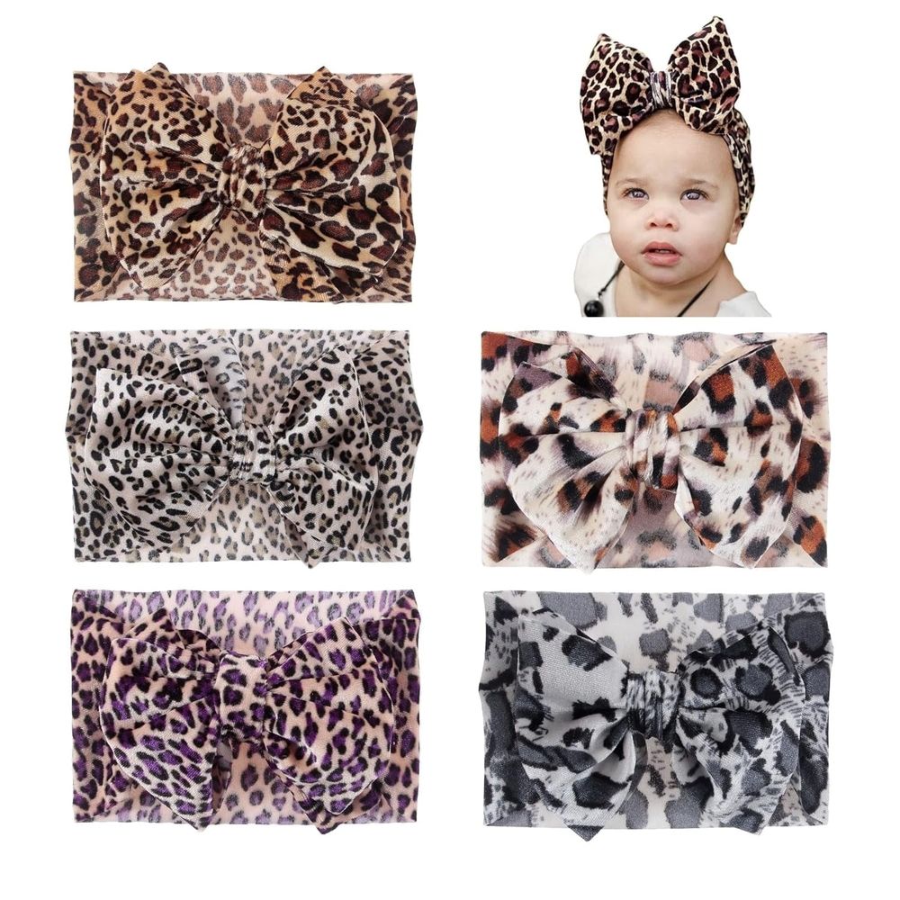 Baby girls' leopard print hair turban head wrap by Everything Baby, stretchy knotted bow headband for infants and toddlers.