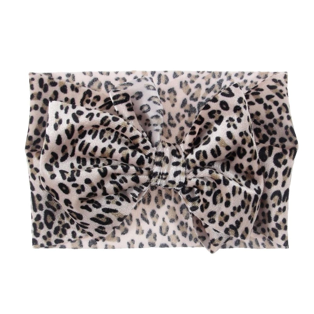 Baby girls leopard print stretch headband with knotted bow, soft wide toddler hair turban by Everything Baby for children.