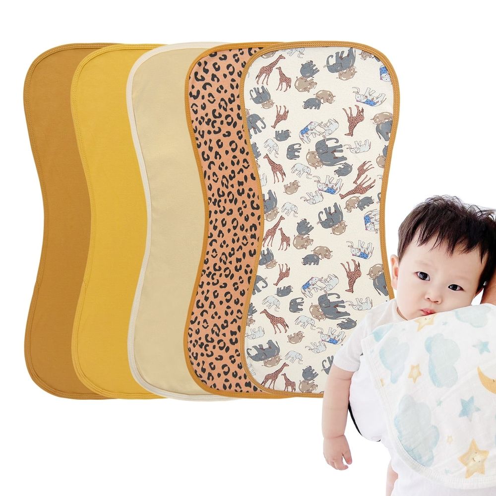 Set of five soft and absorbent baby burp cloths featuring floral designs, ideal for boys and girls, 21x10 inches.
