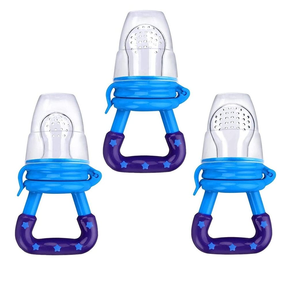 Three silicone baby food feeders with fruit silicone nipples, teething toys, and pacifier design for soothing aching gums.