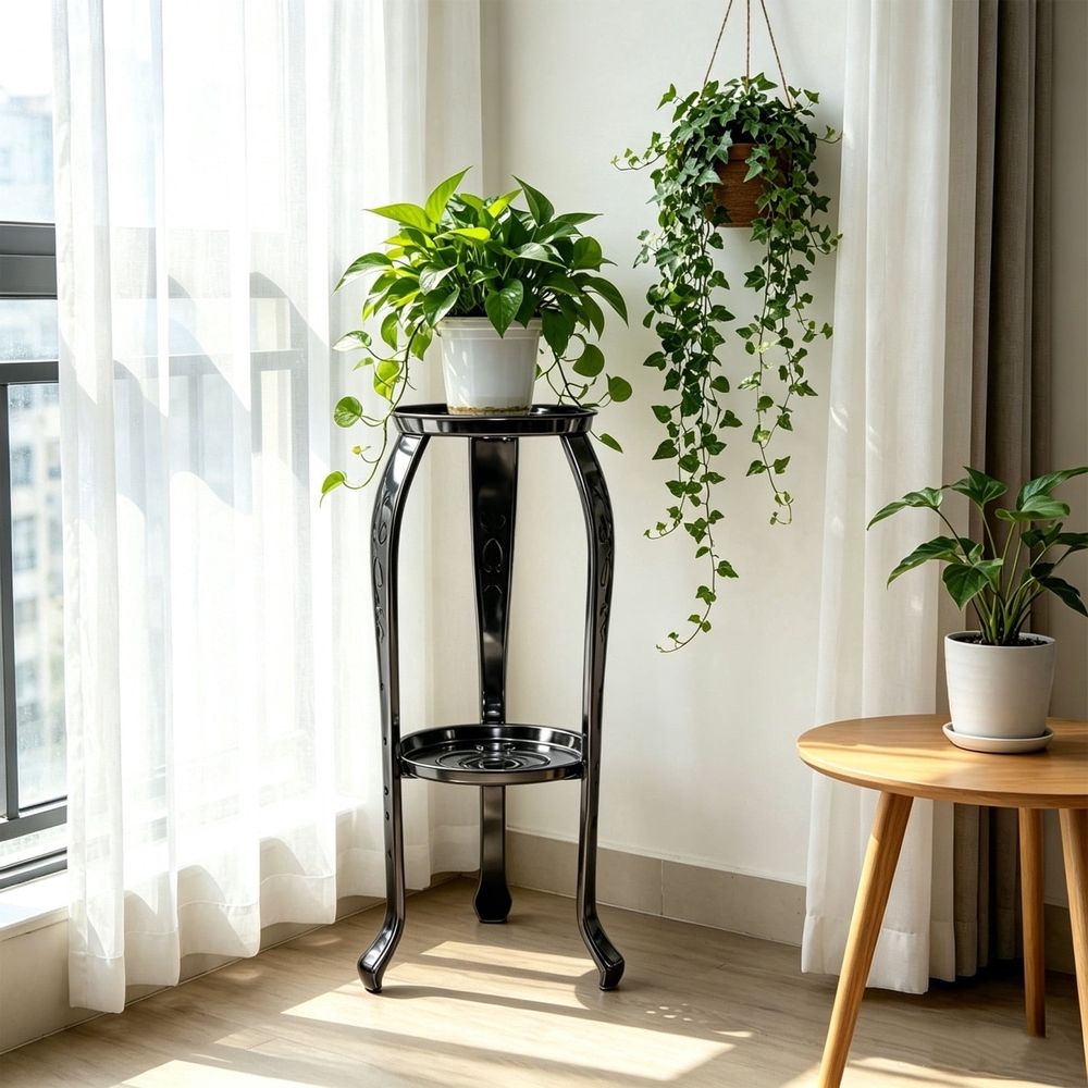 Heavy-duty iron plant stand with 4.72-inch height, rustproof metal base, 9-inch diameter, and non-scratch feet for indoor or outdoor use.