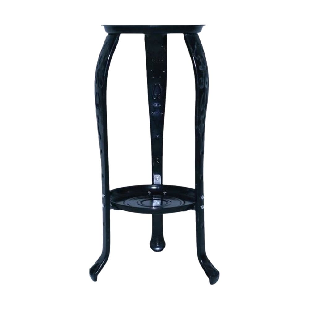 Heavy-duty iron plant stand with 9-inch diameter, rustproof coated metal base, 4 non-scratch feet, suitable for indoor and outdoor use.