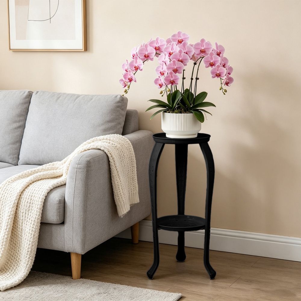 Heavy-duty iron plant stand with 9-inch diameter, rustproof coating, and non-scratch feet for indoor or outdoor use.