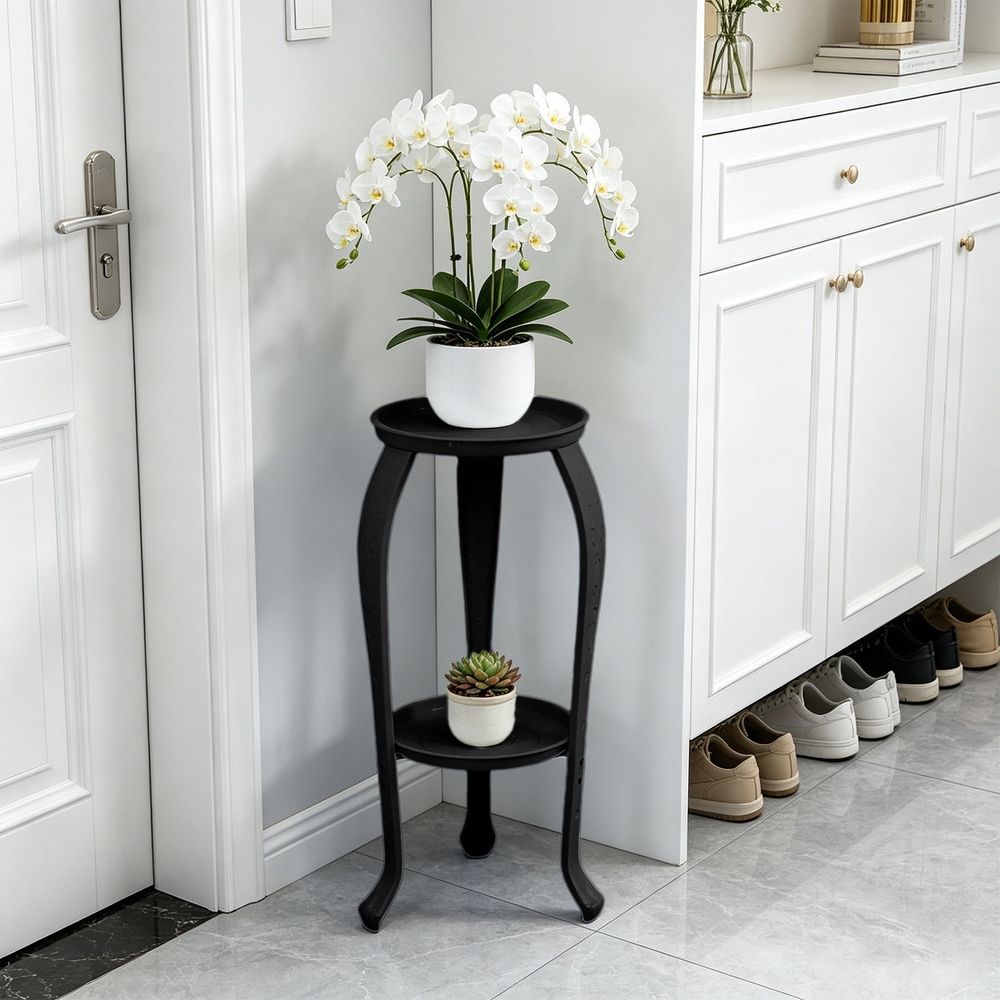 Heavy duty iron plant stand with 9-inch diameter, rustproof metal base, 4 non-scratch feet, ideal for indoor and outdoor flowers.