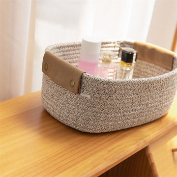 Small Cotton Woven Basket with Leather Handle, Clothes Toys Candy Gifts Cotton Rope Organizer, Living Room Basket Bathroom Shower Storage Laundry Basket, Dog Cat Bed, Fall Basket, 1 Pcs