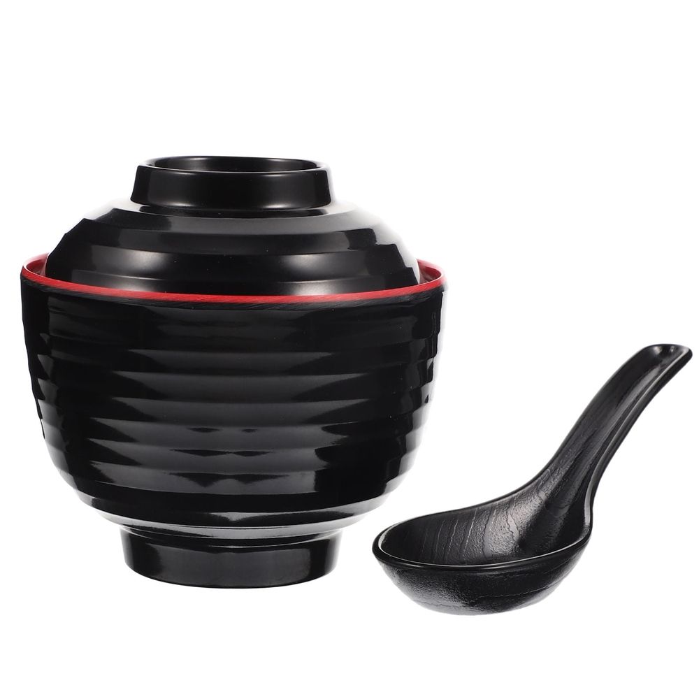 Black ceramic Japanese miso soup bowl set with round shape, 10x10x9.5cm, ideal for authentic Asian cuisine pretend play.