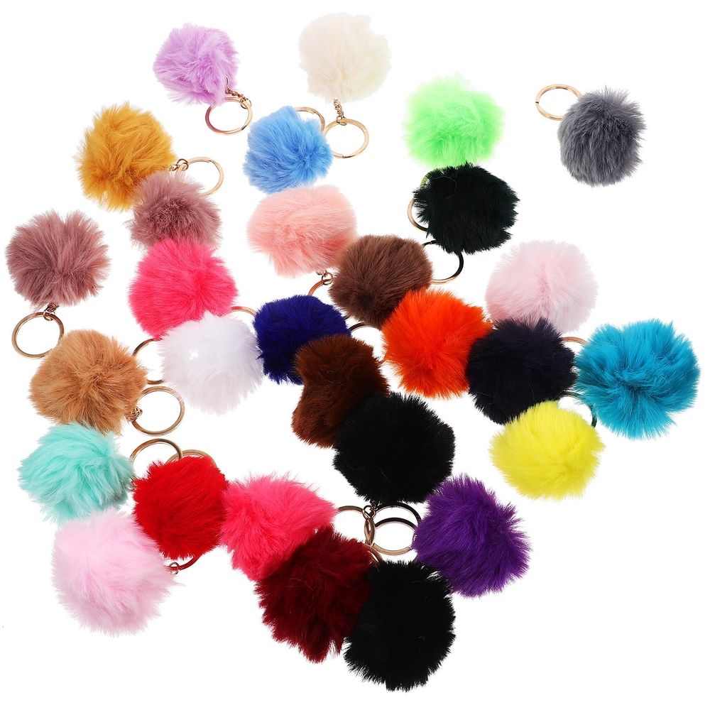 Colorful 30-piece pom pom keychain set with cute bag charms and key accessories, ideal for kids and teens by Everything Baby