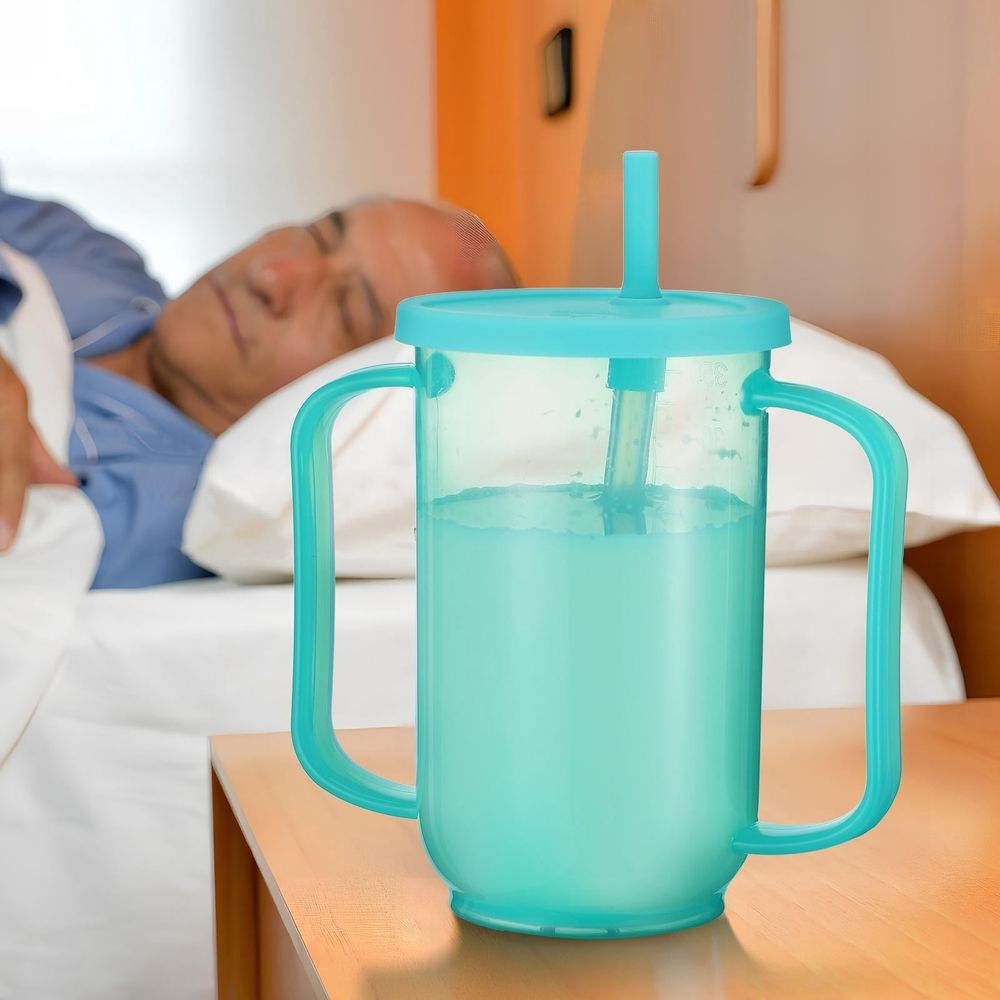 Practical liquid feeding cup with inclined mouth for disabled or elderly patients, designed for easy use and safe feeding.