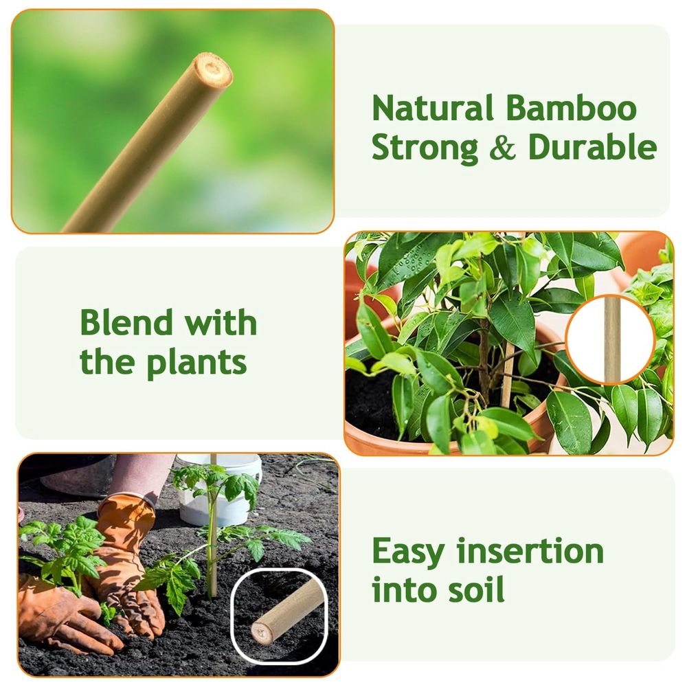 20-pack natural bamboo garden stakes with twist ties for supporting tomatoes, cucumbers, grapes, and climbing plants outdoors.