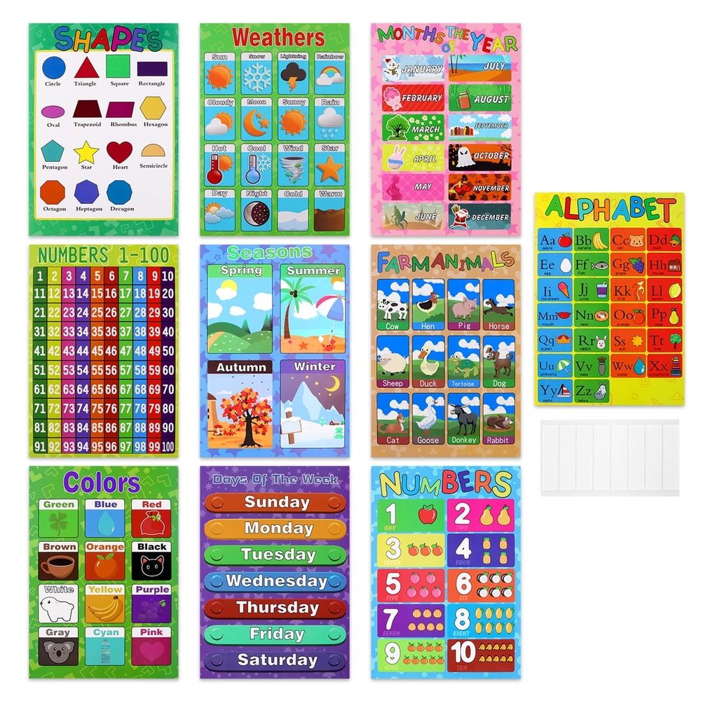 Set of 10 educational preschool posters for toddlers and kindergarten classrooms, featuring colorful learning charts for kids.
