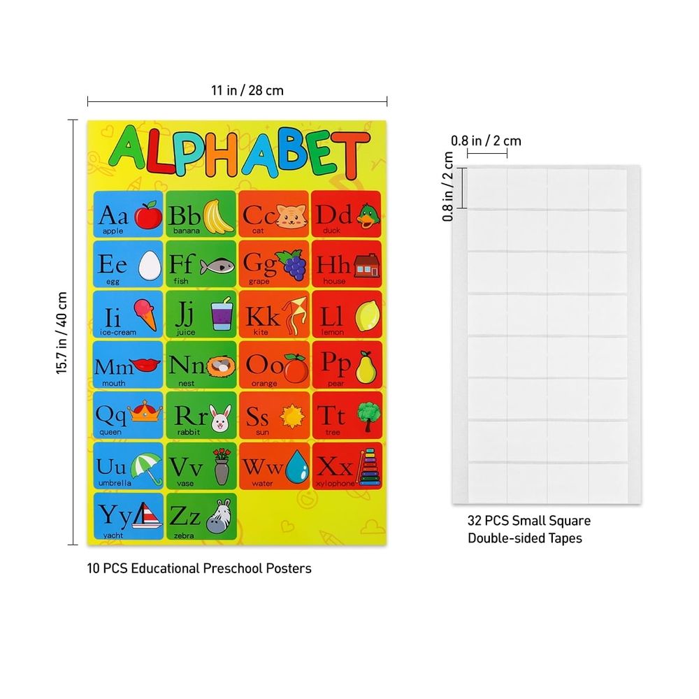 Set of 10 colorful preschool educational posters and charts designed for kindergarten classrooms and toddler learning activities.