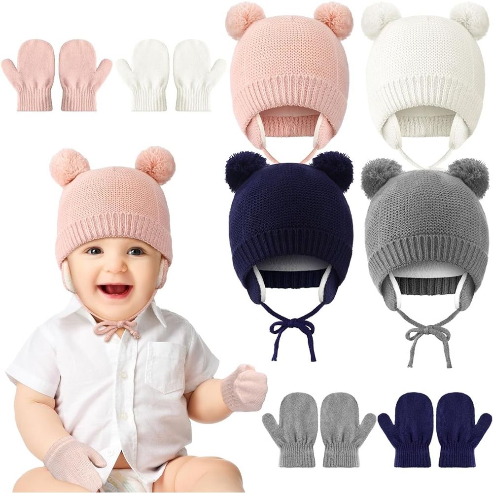 Kids winter hat and glove set for girls and boys aged 1-3, fleece-lined earflap beanie and mittens for toddlers.