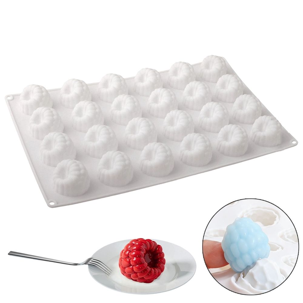 White silicone chocolate raspberry mold with six cavities, ideal for mousse, ice cream, cake, jelly, and baking, BPA-free.