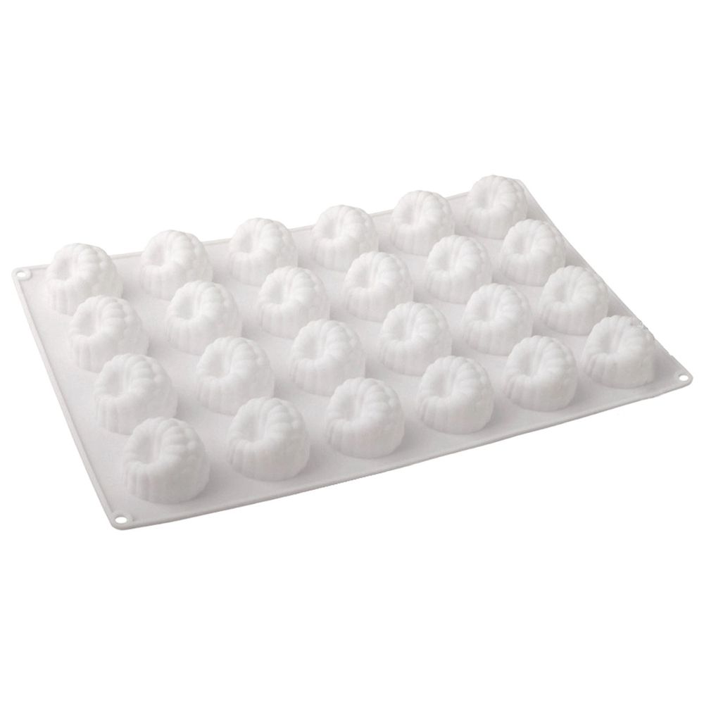 White silicone chocolate raspberry mold with six cavities, ideal for mousse, ice cream, cake, and jelly baking. Non-stick and BPA-free.