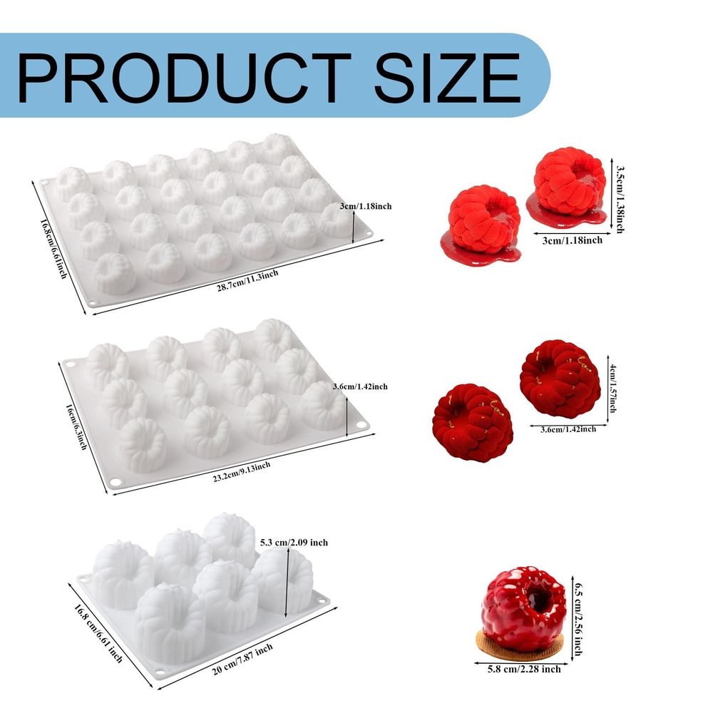 White silicone chocolate raspberry mold with six cavities, ideal for mousse, ice cream, cake, and jelly baking. Non-stick and BPA-free.