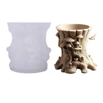 Large silicone resin mold featuring mushroom tree stump and flower pot shapes, ideal for DIY planters, candles, and crafts.