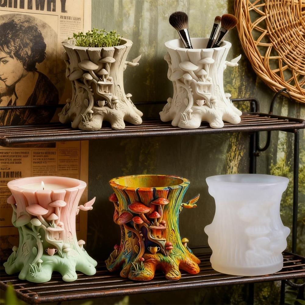 Large silicone resin mold with mushroom, tree stump, and flower pot shapes for DIY planters, candles, and crafts.