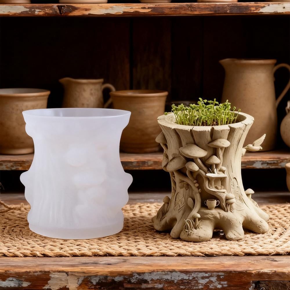 Large silicone resin mold of mushroom and tree stump shapes for DIY planters, candles, epoxy, and clay projects.
