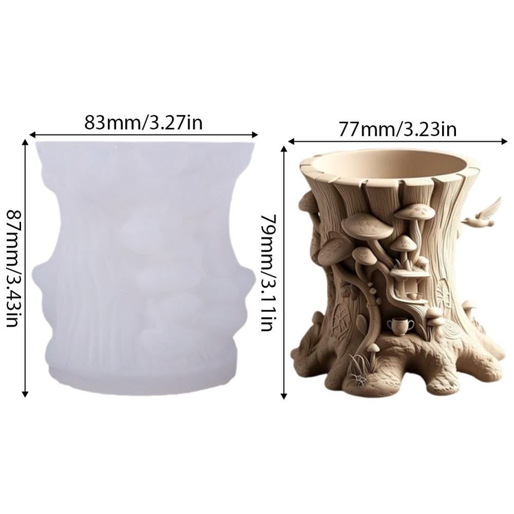 Silicone mold featuring mushroom, tree stump, and flower pot shapes for resin, concrete, or clay crafts, ideal for DIY planters.