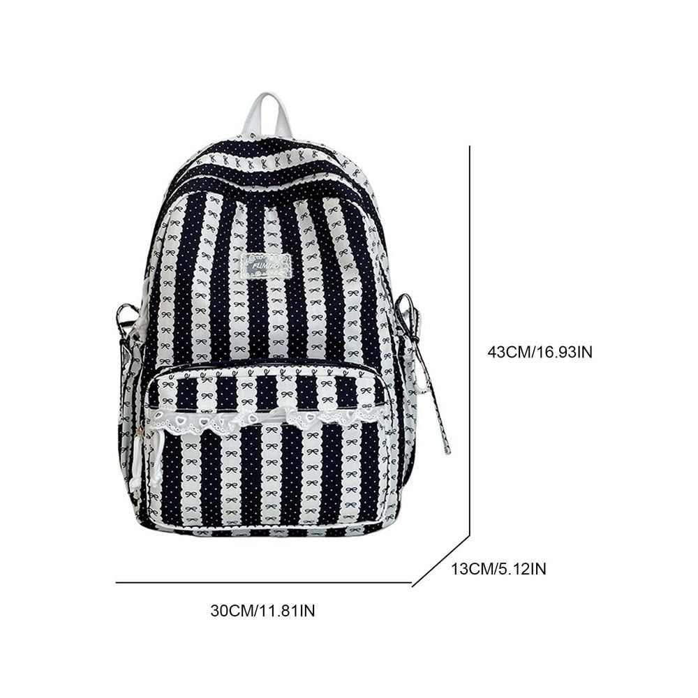Green Stripe School Backpack for kids by Everything Baby, cute aesthetic design with bowknot and lace trim for travel and school.