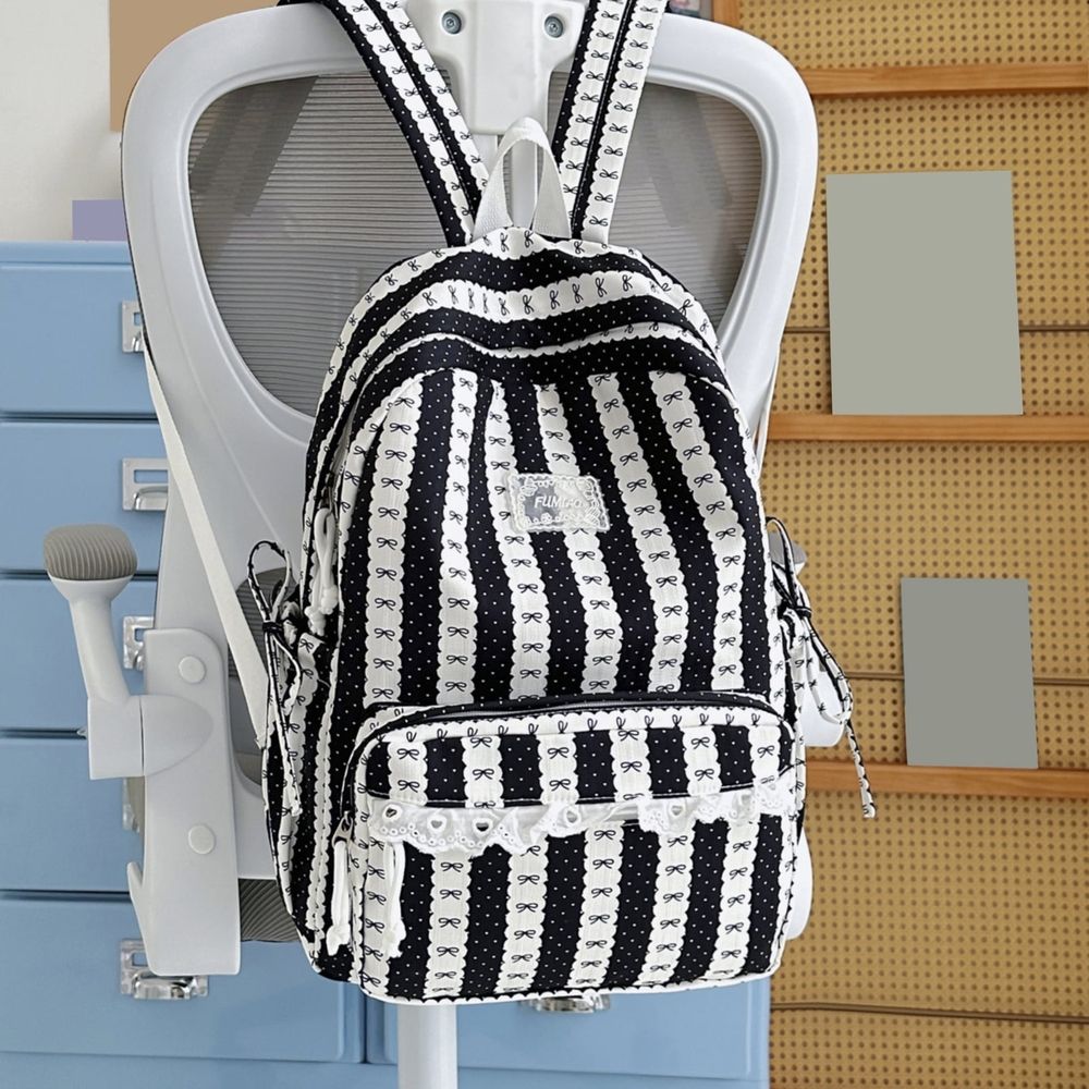 Green Stripe School Backpack with bowknot and lace trim, spacious kid's backpack for travel, college, or everyday use by Everything Baby.