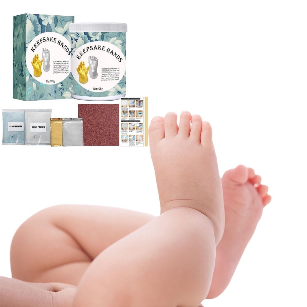 Baby hand mold kit with 108g powder from Everything Baby, showing a baby hand impression in the mold.