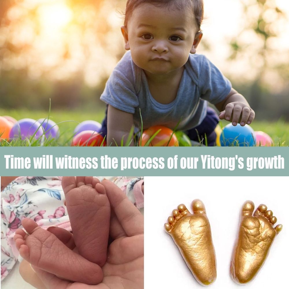 Baby hand mold kit with 108g powder from Everything Baby, showing a completed hand impression mold for nursery keepsake.