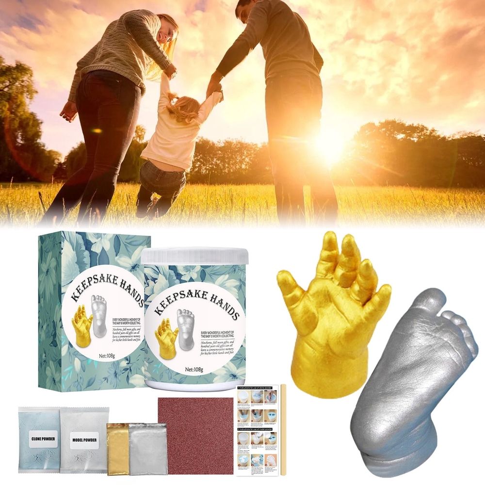 Baby hand mold kit with 108g powder from Everything Baby, showing a baby's hand impression in a mold during the process.