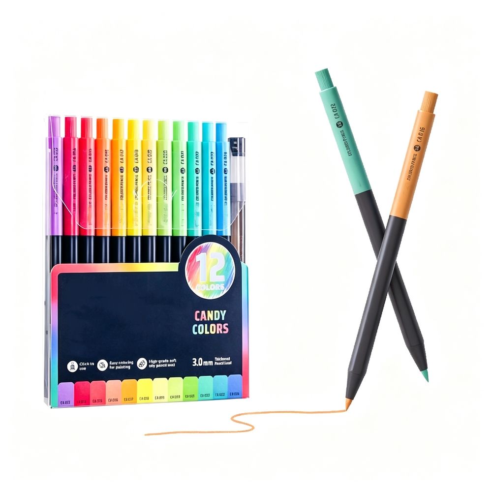 Set of 12 colorful 3.0mm mechanical colored pencils with sharpener, soft oil-based core, ideal for kids' art, coloring, and drawing.