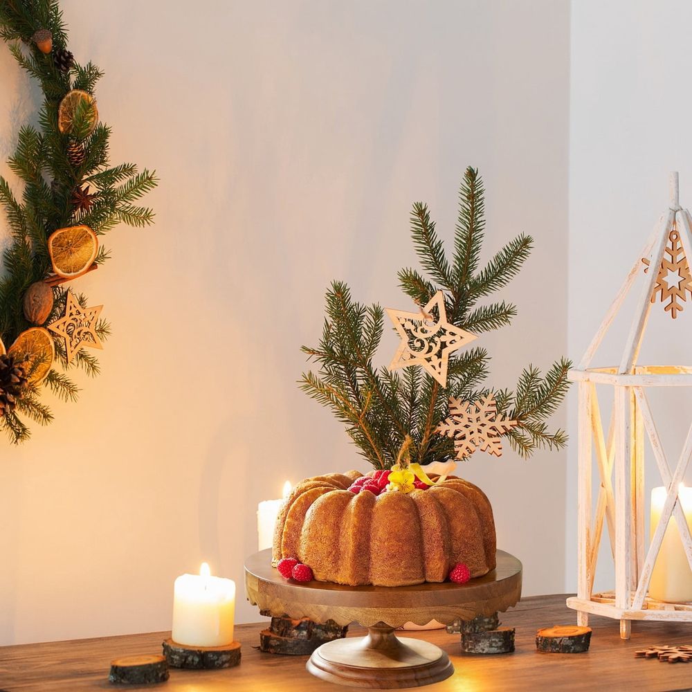 Durable scallop acacia wood cake stand by Everything Baby, pedestal display for cakes and cupcakes, ideal for special occasions and everyday use.