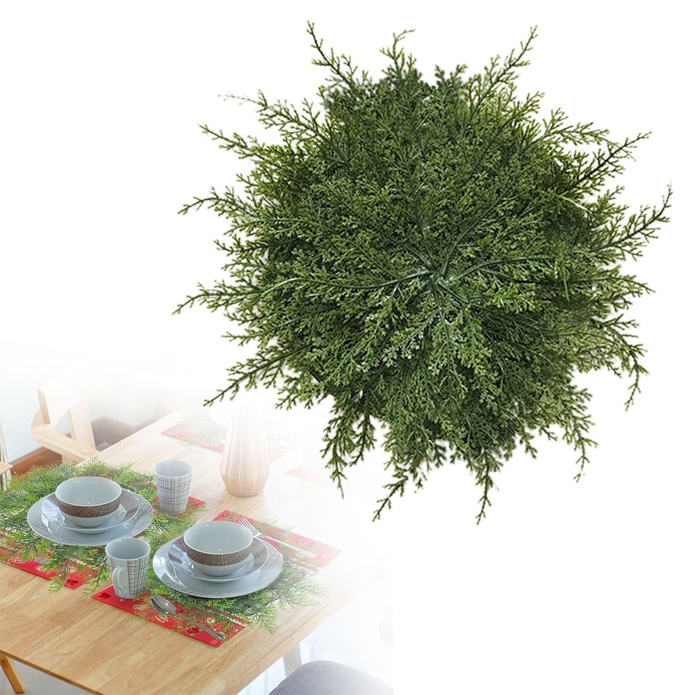 Faux cedar round placemats with greenery design, ideal for holiday tables and protecting surfaces during festive gatherings.