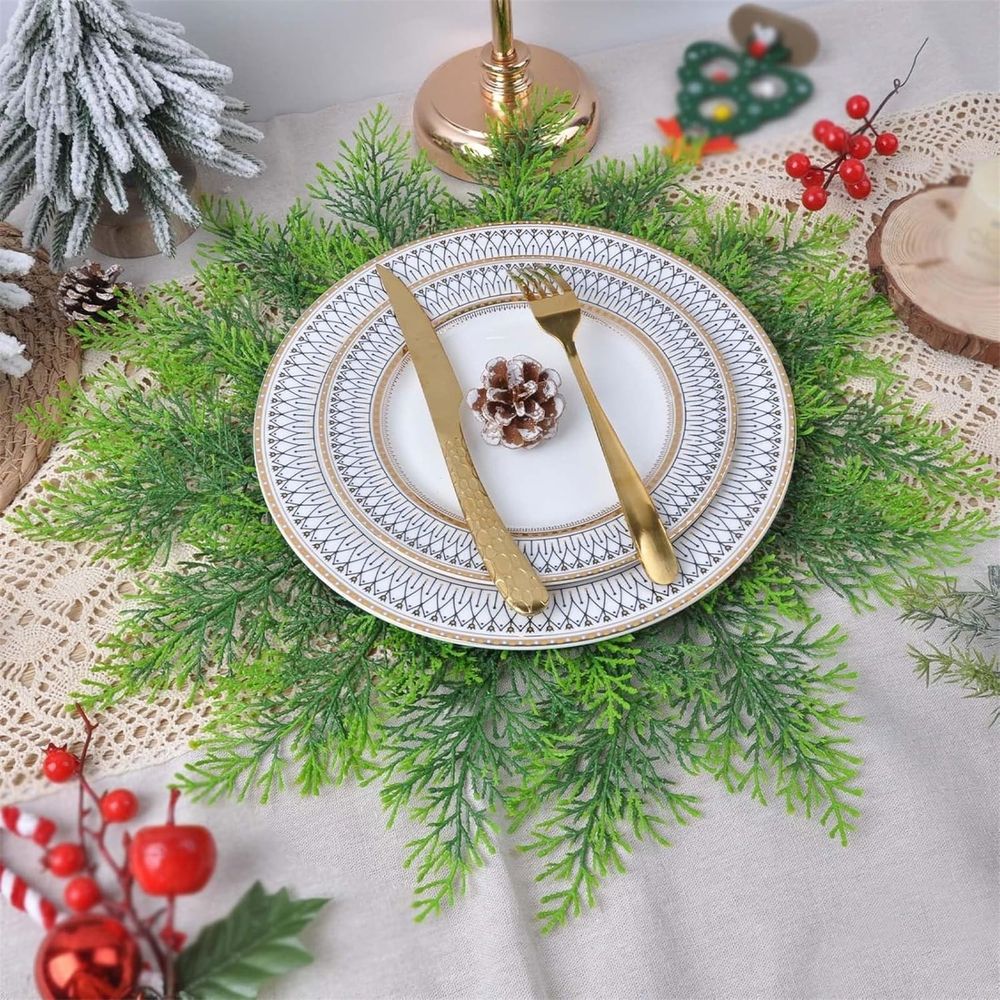 Faux cedar placemats with greenery design, 15-inch round holiday tabletop decor for festive gatherings, heat and scratch protection.