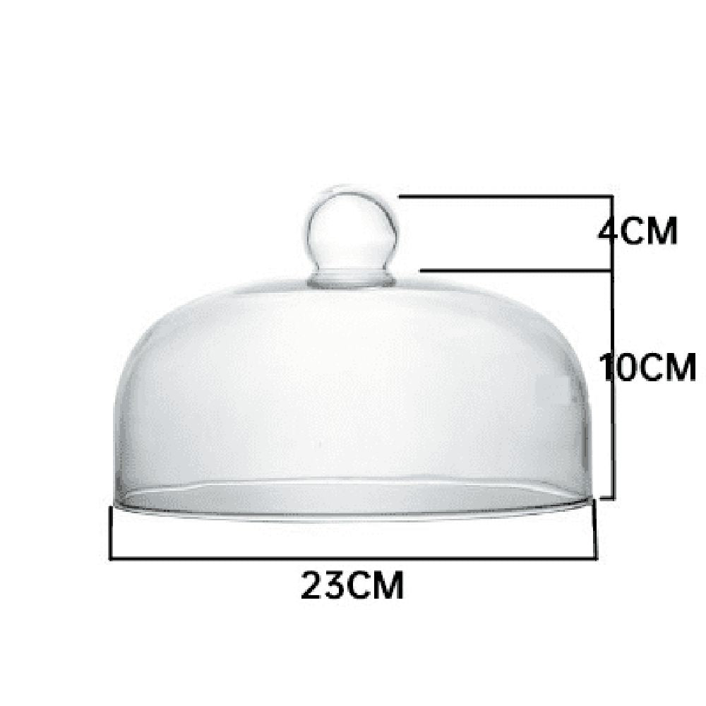 Clear glass cake dome with knob, food cover for pastries and cakes, heat-resistant and ideal for kitchen or pretend play use.