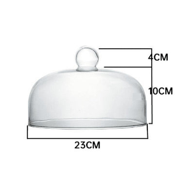 Clear glass cake dome with knob, food cover for pastries and cakes, heat-resistant and ideal for kitchen or pretend play use.