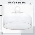 Clear glass cake dome with knob for pastry display and food cover, heat-resistant, ideal for kitchen or microwave use.