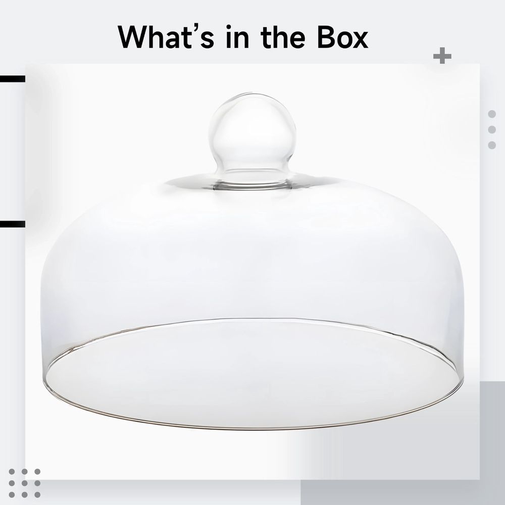 Clear glass cake dome with knob for pastry display and food cover, heat-resistant, ideal for kitchen or microwave use.