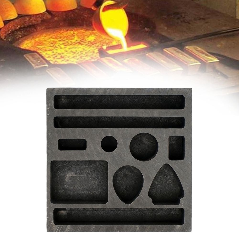 Graphite mold for casting gold, silver, aluminum, copper, and brass, featuring various shapes and five holes for DIY metal ornaments.