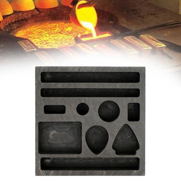 Graphite mold for casting gold, silver, aluminum, copper, and brass, featuring various shapes and five holes for DIY metal ornaments.