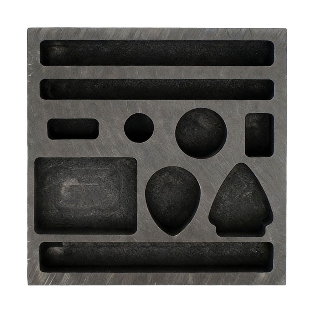 Graphite mold for metal casting with multiple shapes and holes, used for DIY gold, silver, aluminum, copper, and brass ornaments.
