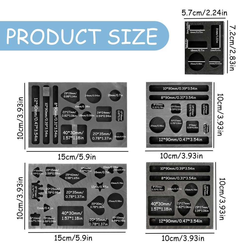 Graphite metal casting mold with multiple shapes and holes for gold, silver, aluminum, copper, and brass jewelry and ornament making.