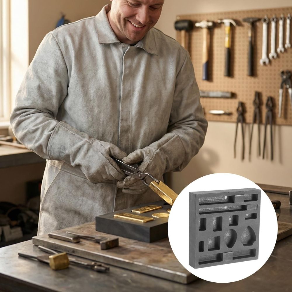 Graphite mold for metal casting with multiple shapes and holes, used for DIY gold, silver, aluminum, copper, and brass ornaments.