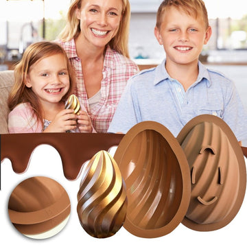 Two 3D Easter egg silicone molds for chocolate, baking, and desserts, featuring half-sphere design for Easter decorations and treats.