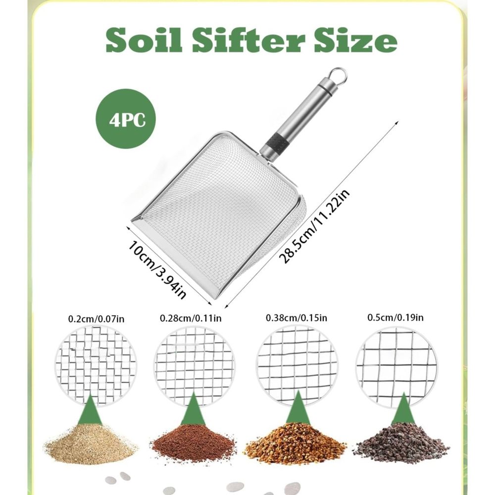 Compost sifter with handle and fine mesh for gardening soil, sand, and dirt, ideal for compost and garden soil screening.