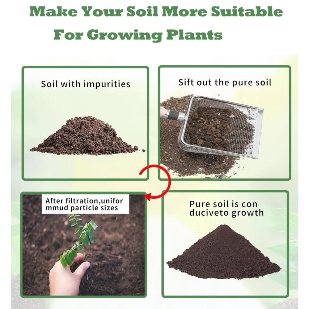 Garden soil sifter with handle, 5.5-inch width, 2.8mm mesh, used for compost, sand, soil, and dirt in gardening.