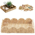 Woven water hyacinth decorative tray with scalloped edges, rattan wooden serving tray for home decor and table centerpiece.