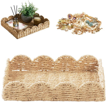 Woven water hyacinth decorative tray with scalloped edges, rattan wooden serving tray for home decor and table centerpiece.